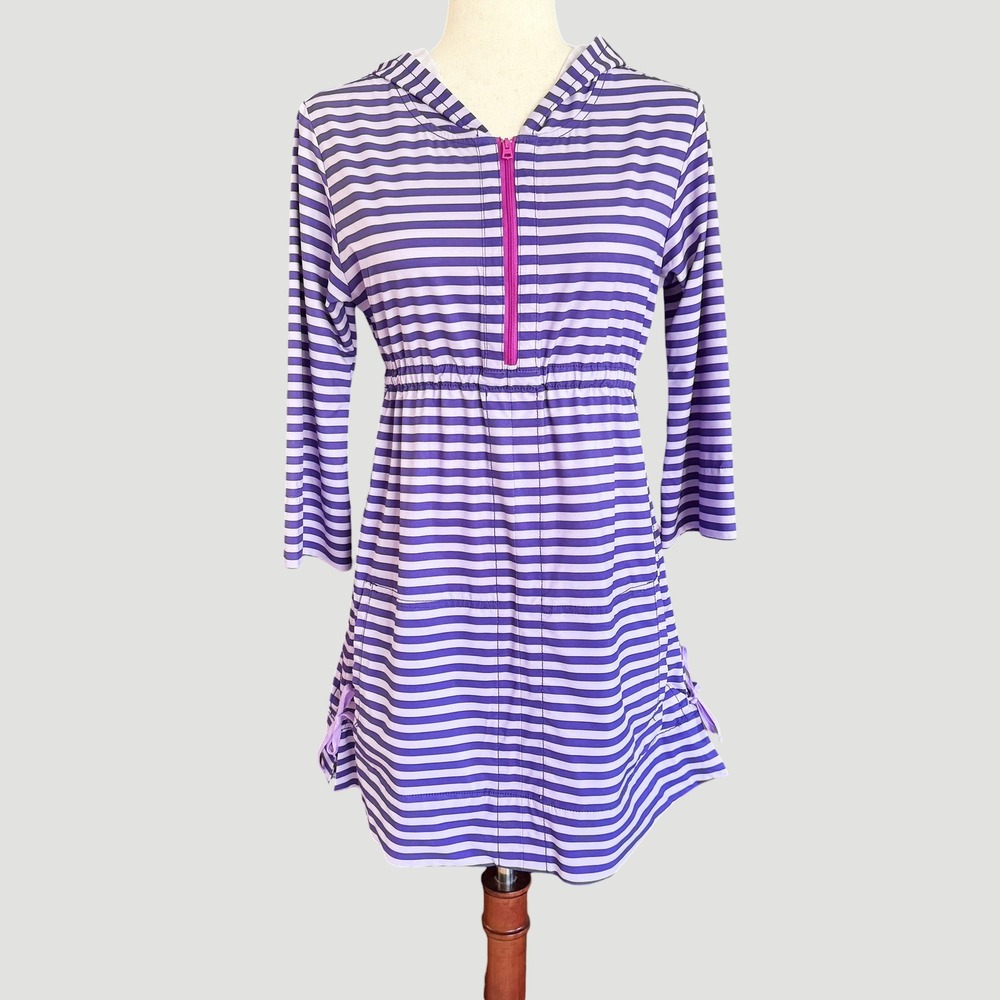 Title Nine Nimblene Striped Hooded Swim Cover Up Dress Womens Small Purple beach